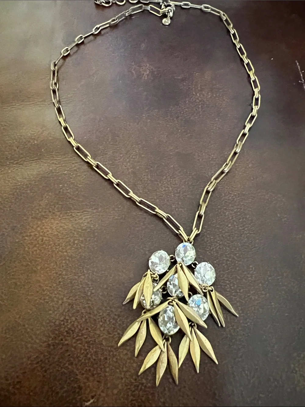 J. Crew Gold-Tone Leaf Cluster Necklace with sparkly Clear Stones - Picture 1 of 4